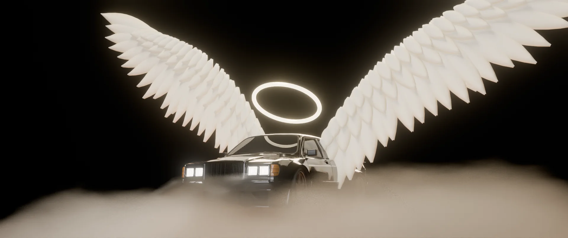 The winning car with wings and a halo above the clouds