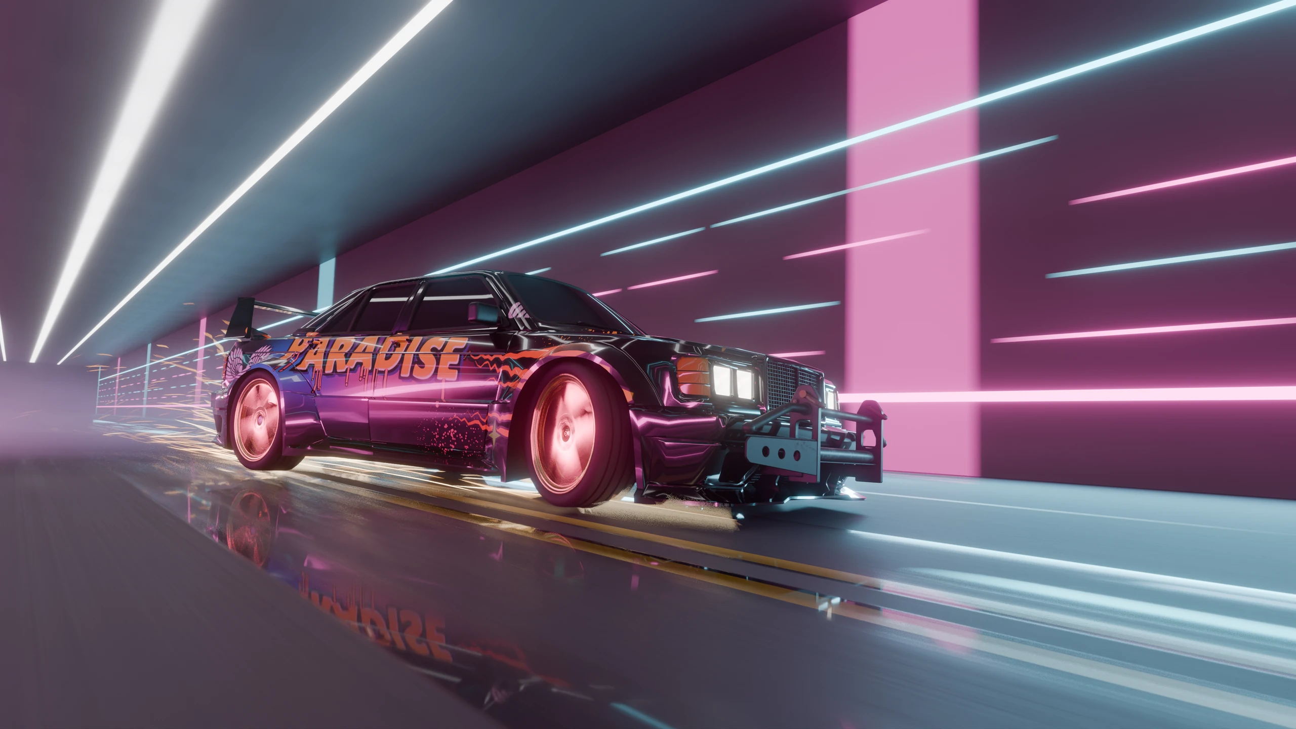 The MC-dex tearing through a neon tunnel, sparks flying