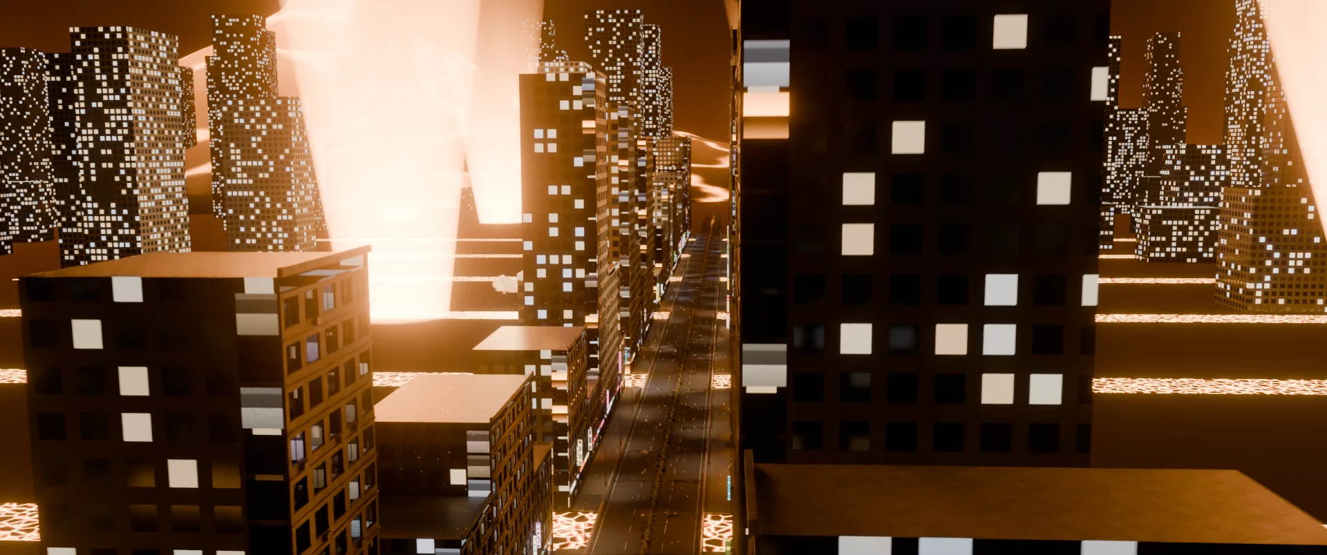 The burning city seen from above the rooftops