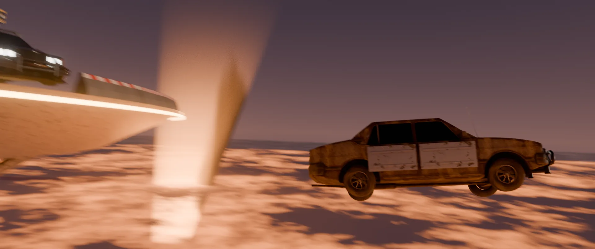 A battered car on the arena edge above the clouds