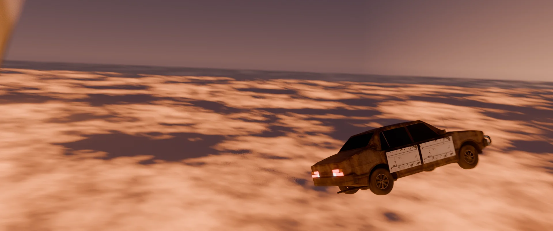 A battered sedan high above the clouds