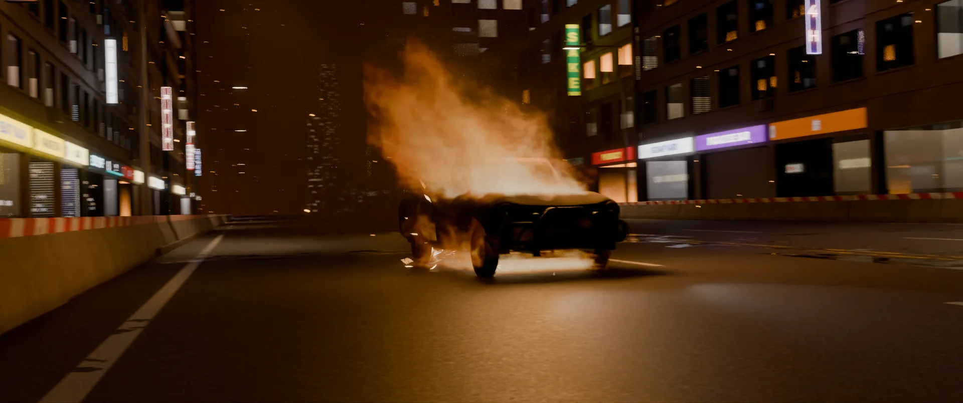 A car burning in the street