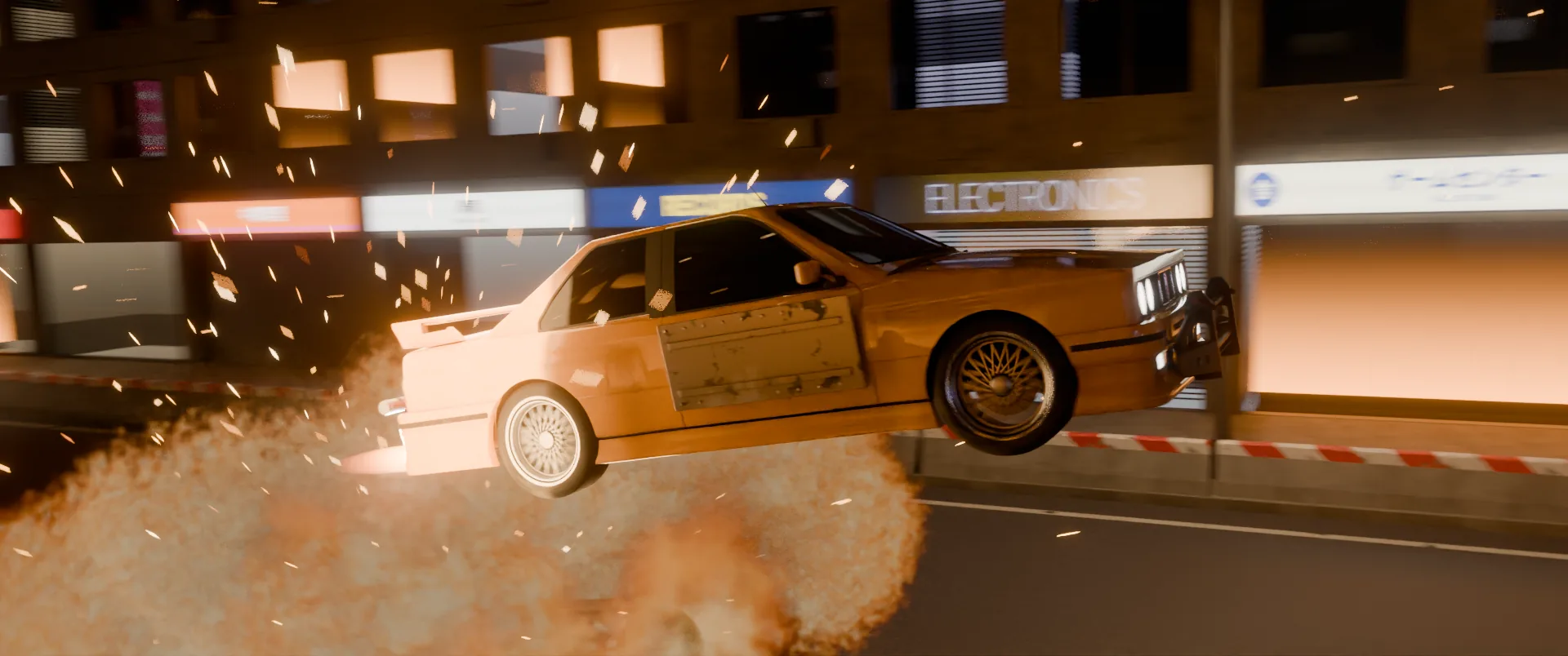 A car launched by an explosion, panels flying