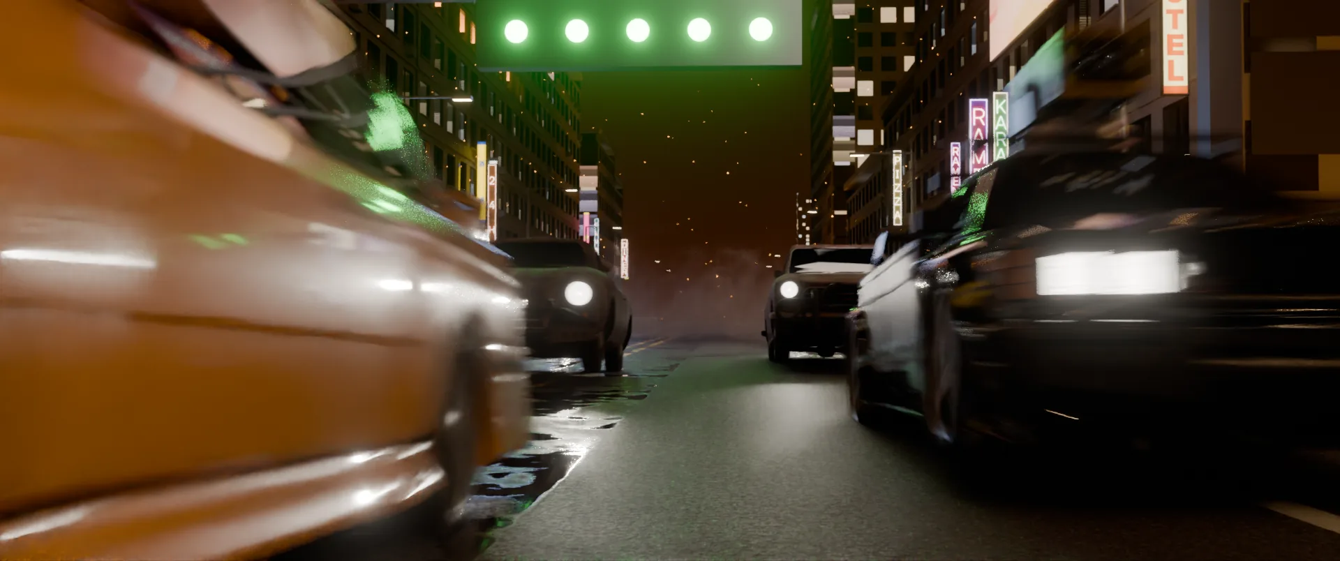 Cars launching off the grid on a burning city street