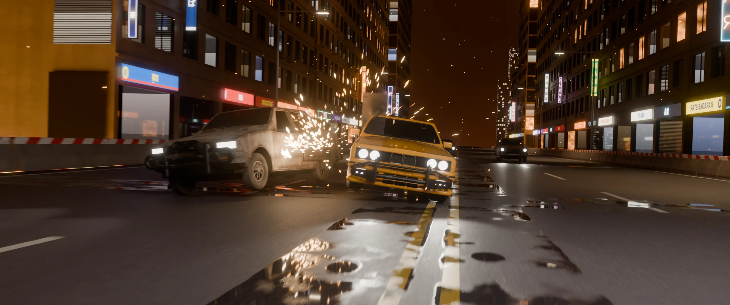 Two cars colliding head-on, sparks and debris