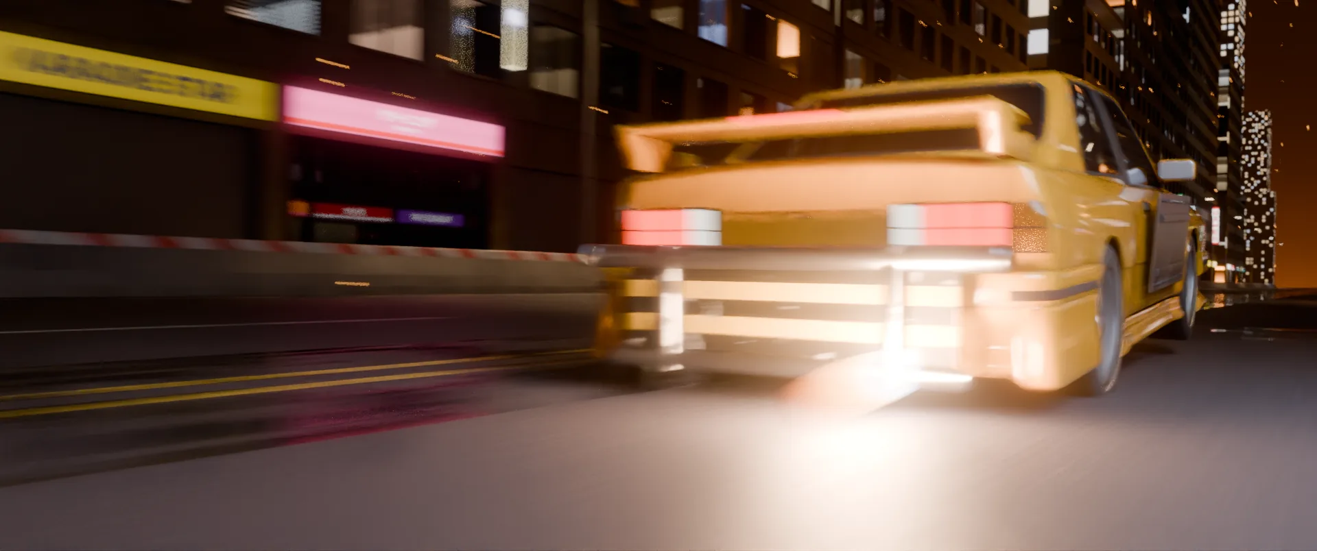A yellow coupe accelerating, exhaust glowing