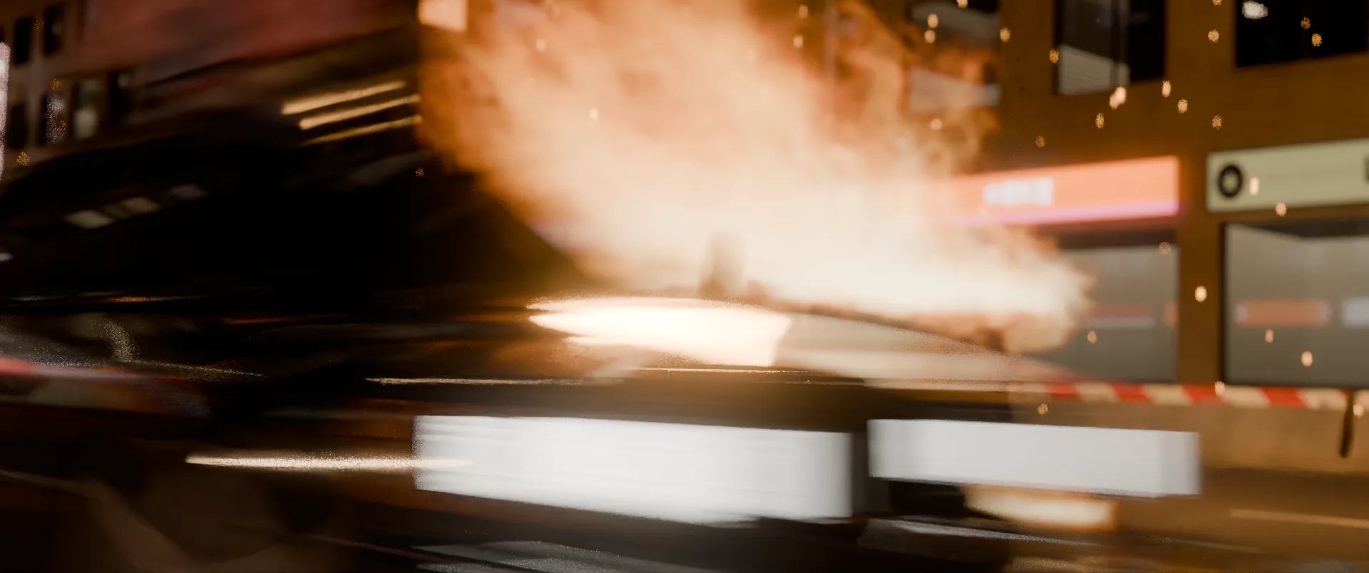 A car spinning through flames
