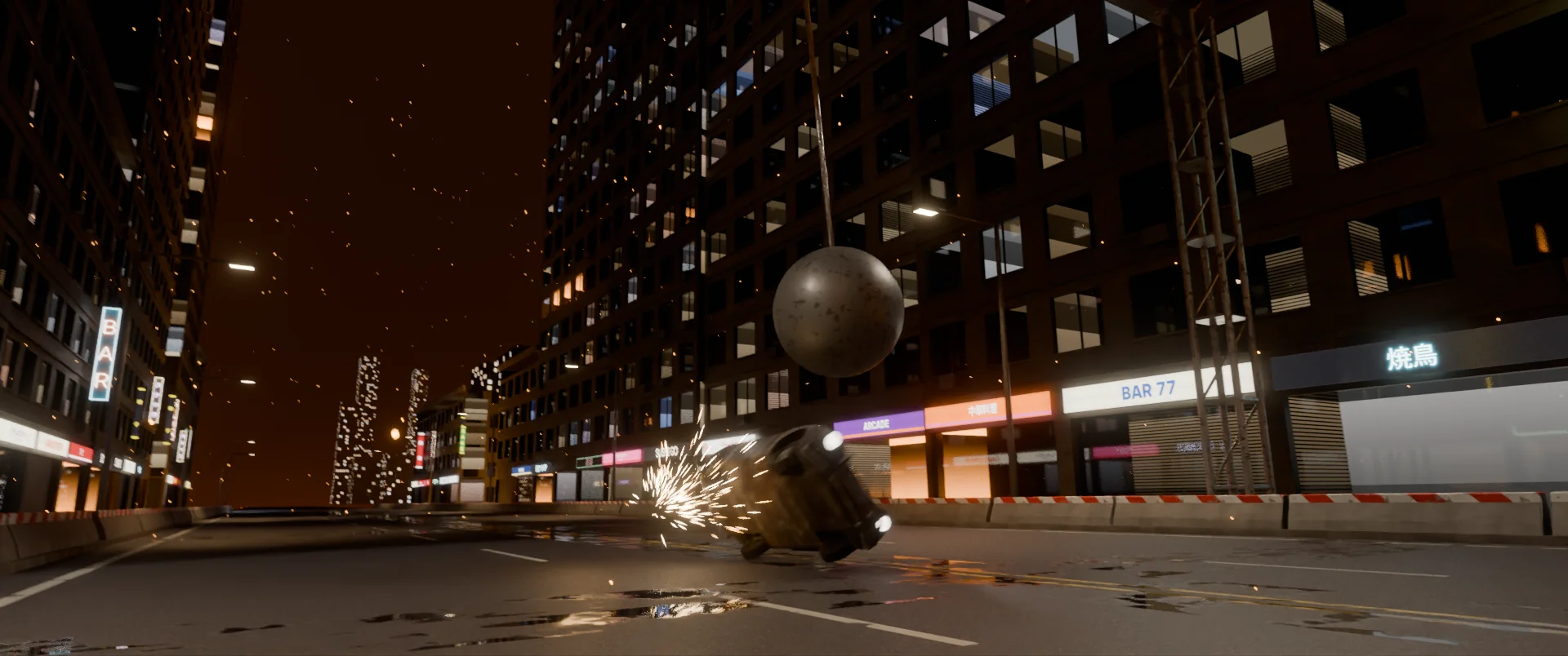 A wrecking ball swinging over a car in the street
