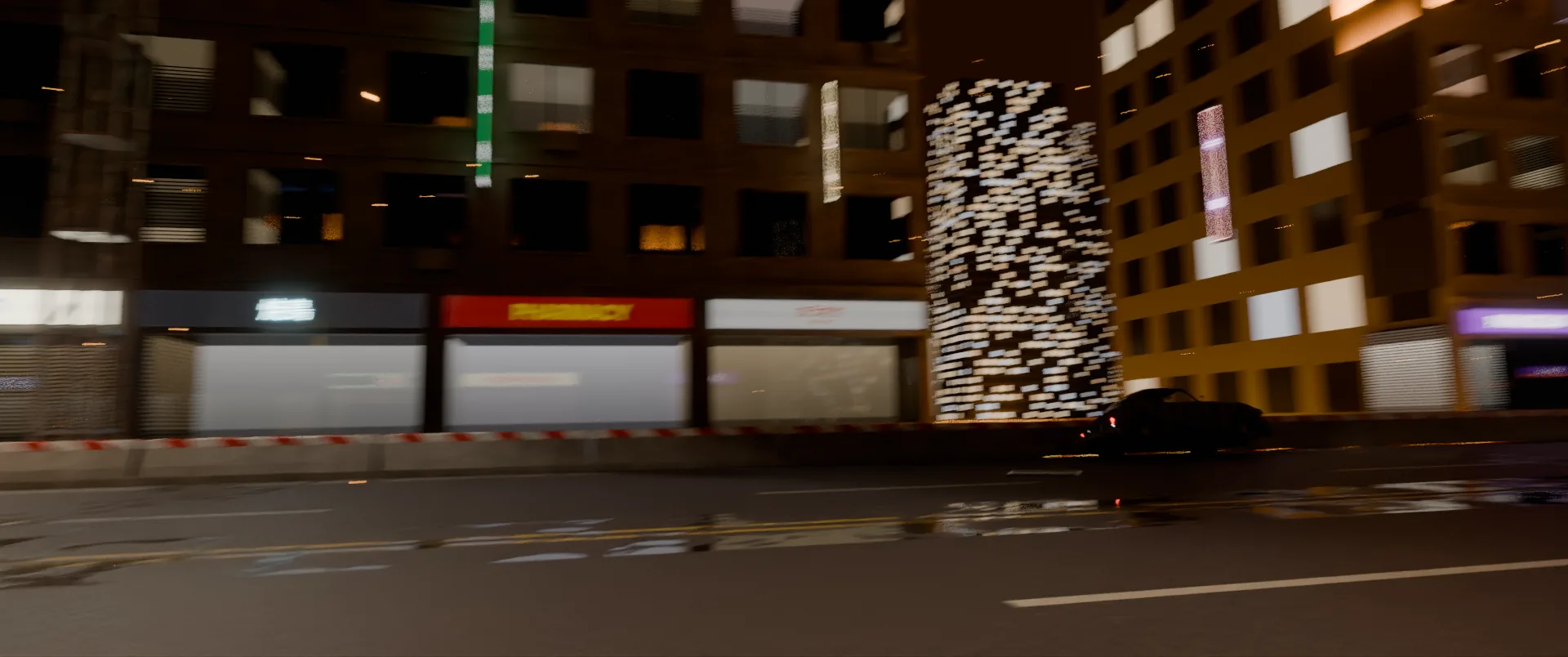 A car with a glowing exhaust racing past shops