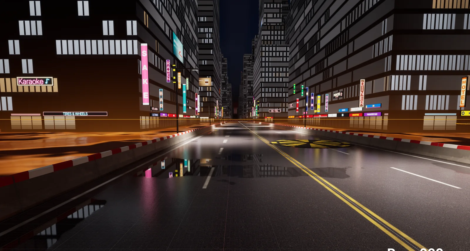 Neon-lit wet street in the game
