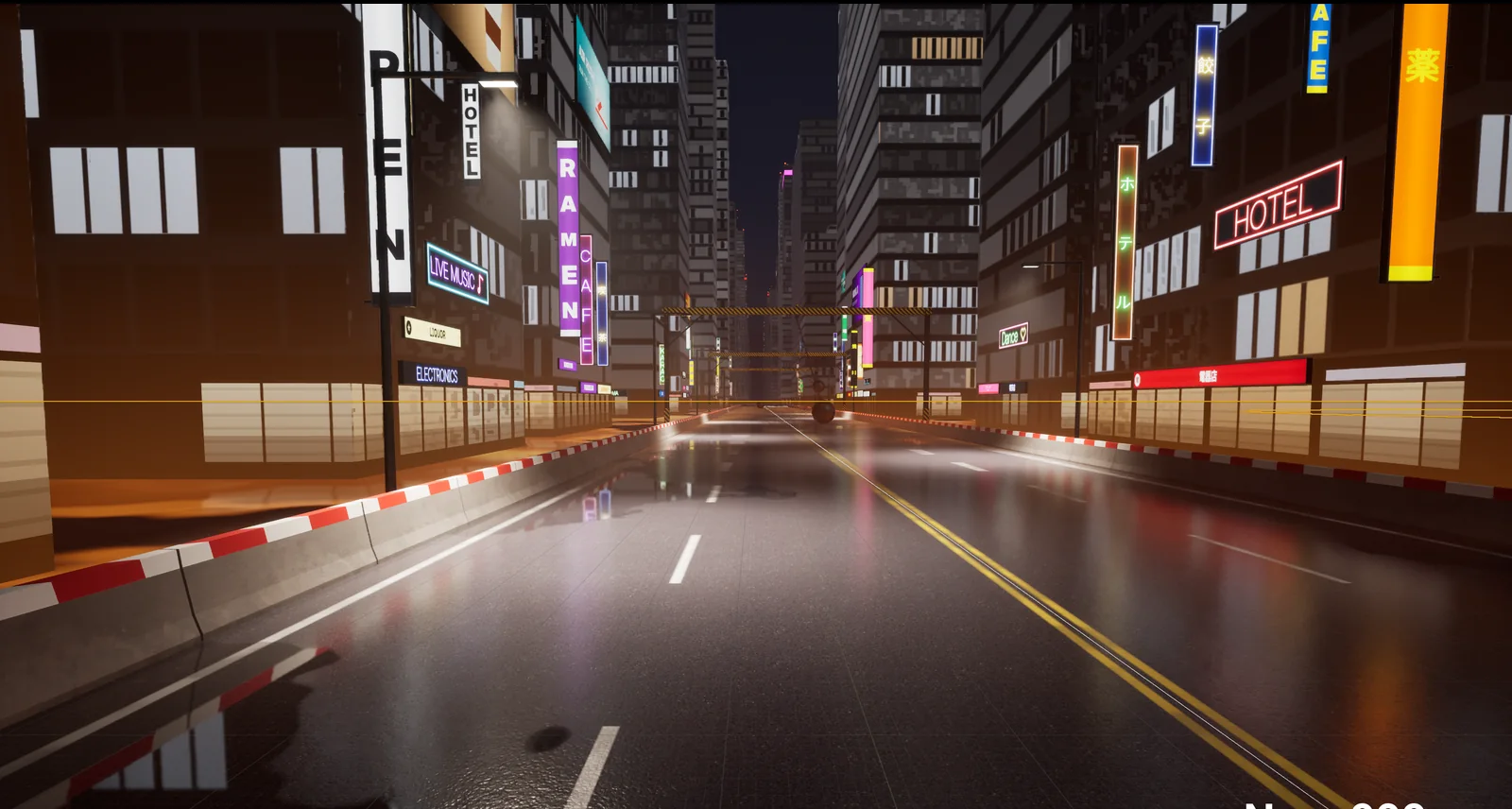 In-engine view of the neon city street
