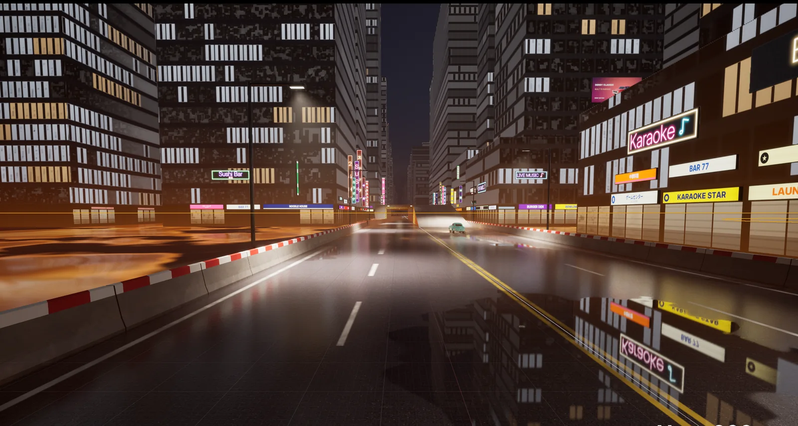 Night city street with reflections
